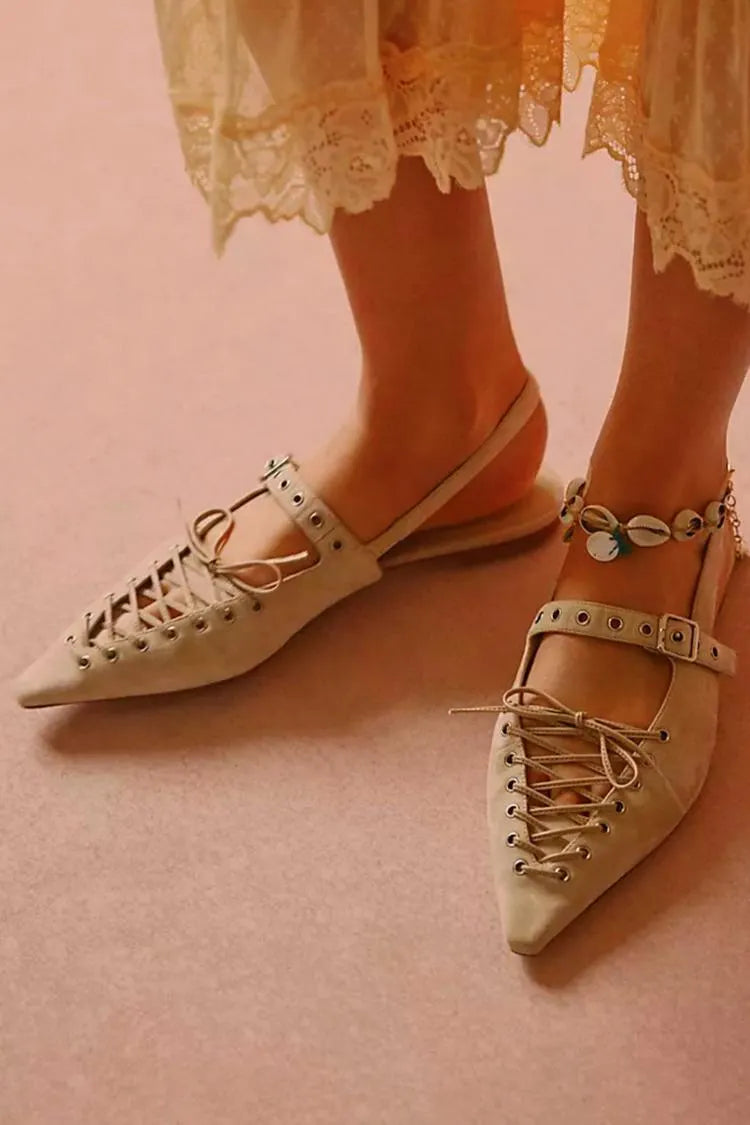 Instep Strap Buckle Lace Up Pointed Toe Khaki Flats