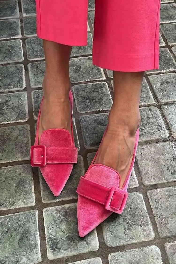 Velvet Oversized Buckle Strap Pointy Loafer Flats