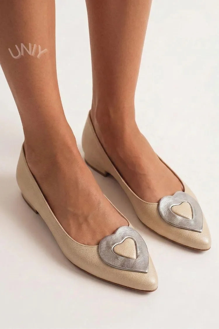 Elegant Beige Pointed Toe Metallic Silver Heart Detail Flats