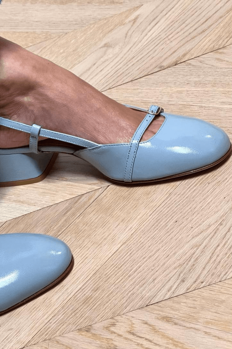 Glossy Faux Leather Slingback Strap Square Toe Block Heel Flats