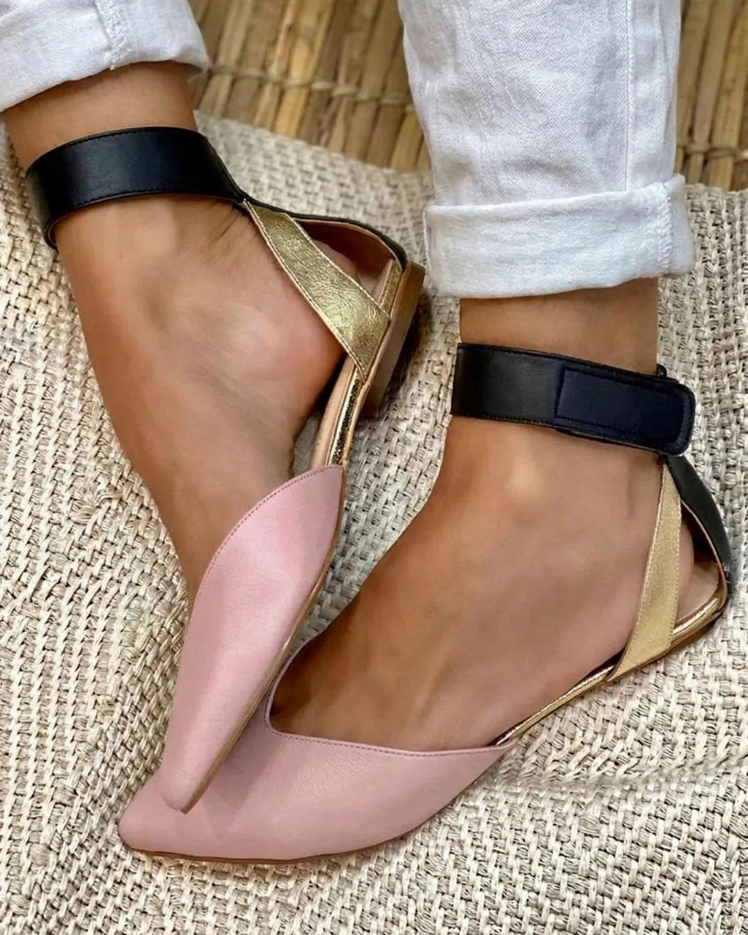 Chic Pink Pointed Toe Wide Ankle Strap Stylish Flats