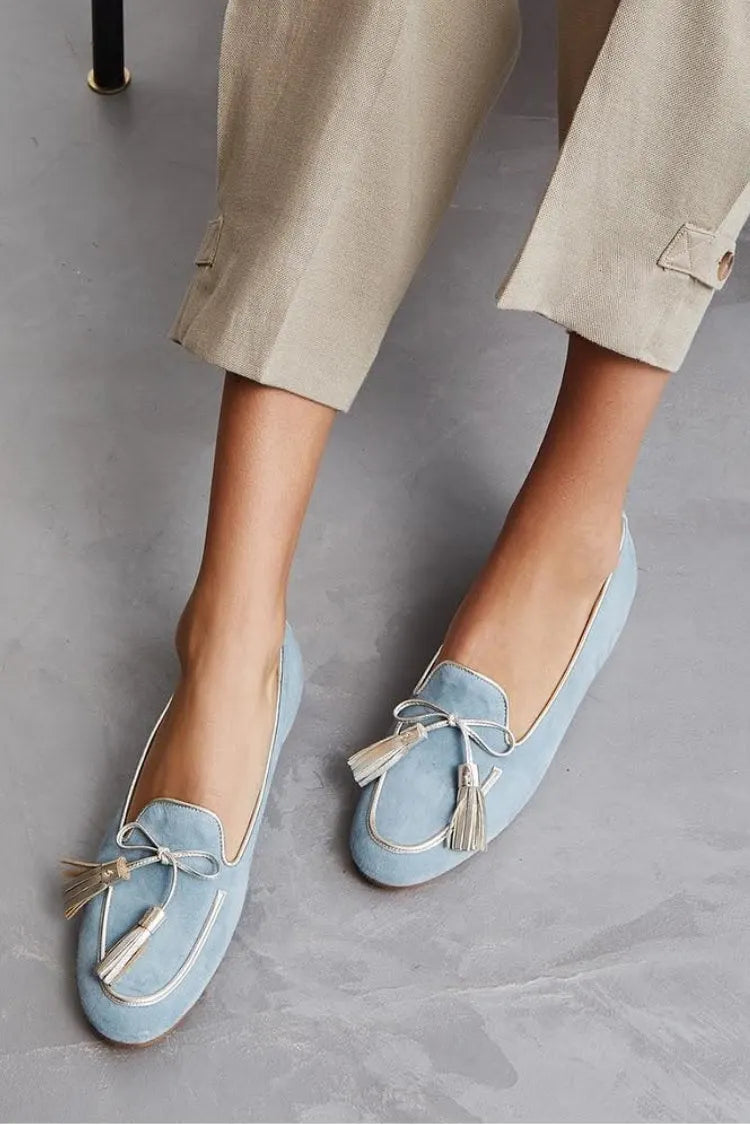 Light Blue Suede Almond Toe Closed Back Tassel Flats
