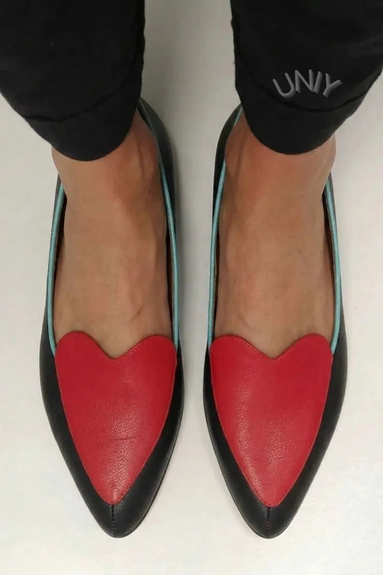Vintage Black Red Contrast Pointed Toe Heart Detail Flats