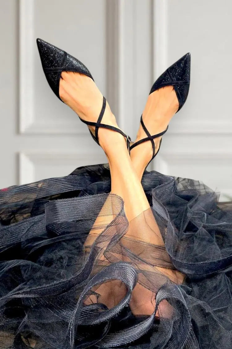 Pointed Toe Patchwork Cross Strap Buckle Black Flats