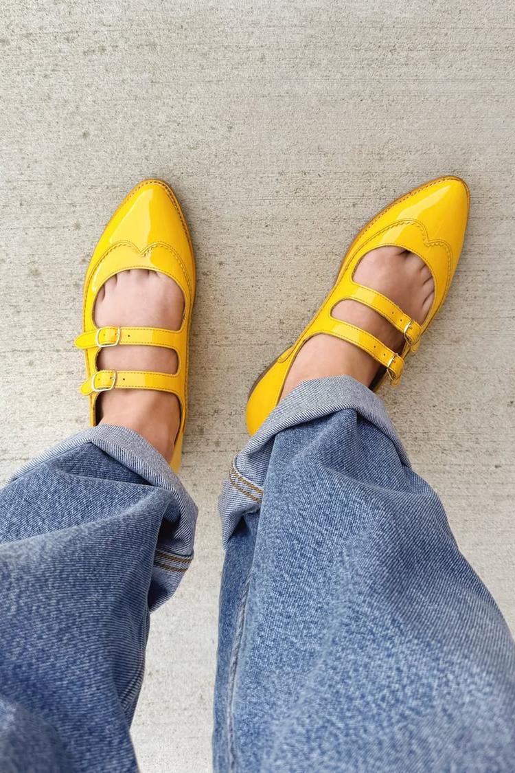 Two Strap Buckle Patchwork Pointed Toe Yellow Flats