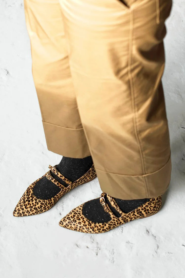 Leopard Print Two Strap Buckle Pointed Toe Khaki Flats