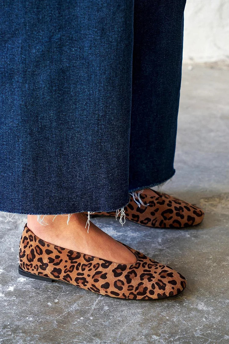 Square Toe Leopard Print Casual Brown Flats