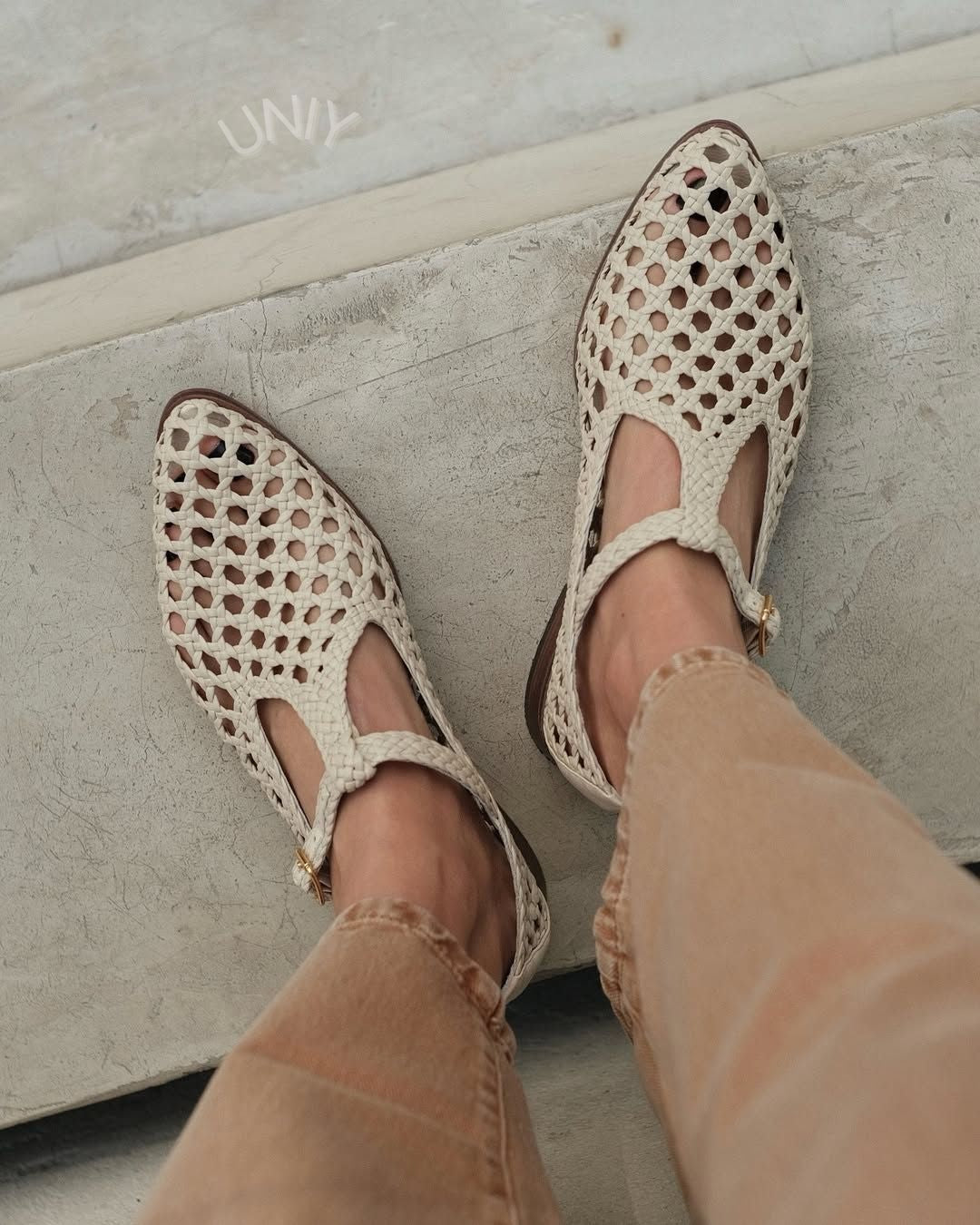 Chic Beige Woven Pointed Toe Versatile Mary Jane Flats