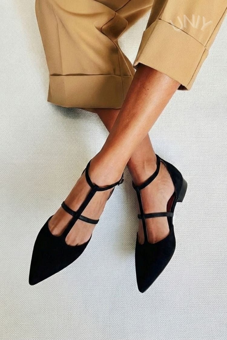 Black Pointed Toe Minimal Cross Strap Versatile Flats
