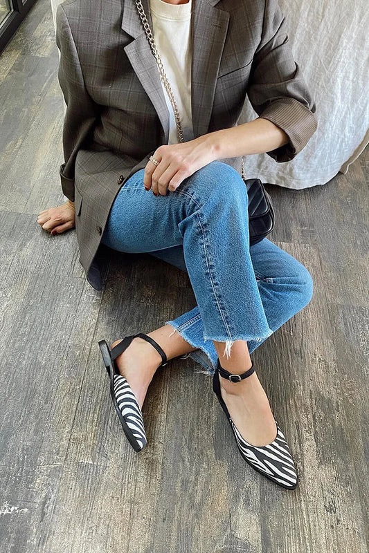 Zebra Print Ankle Strap Buckle Pointed Toe Black Flats