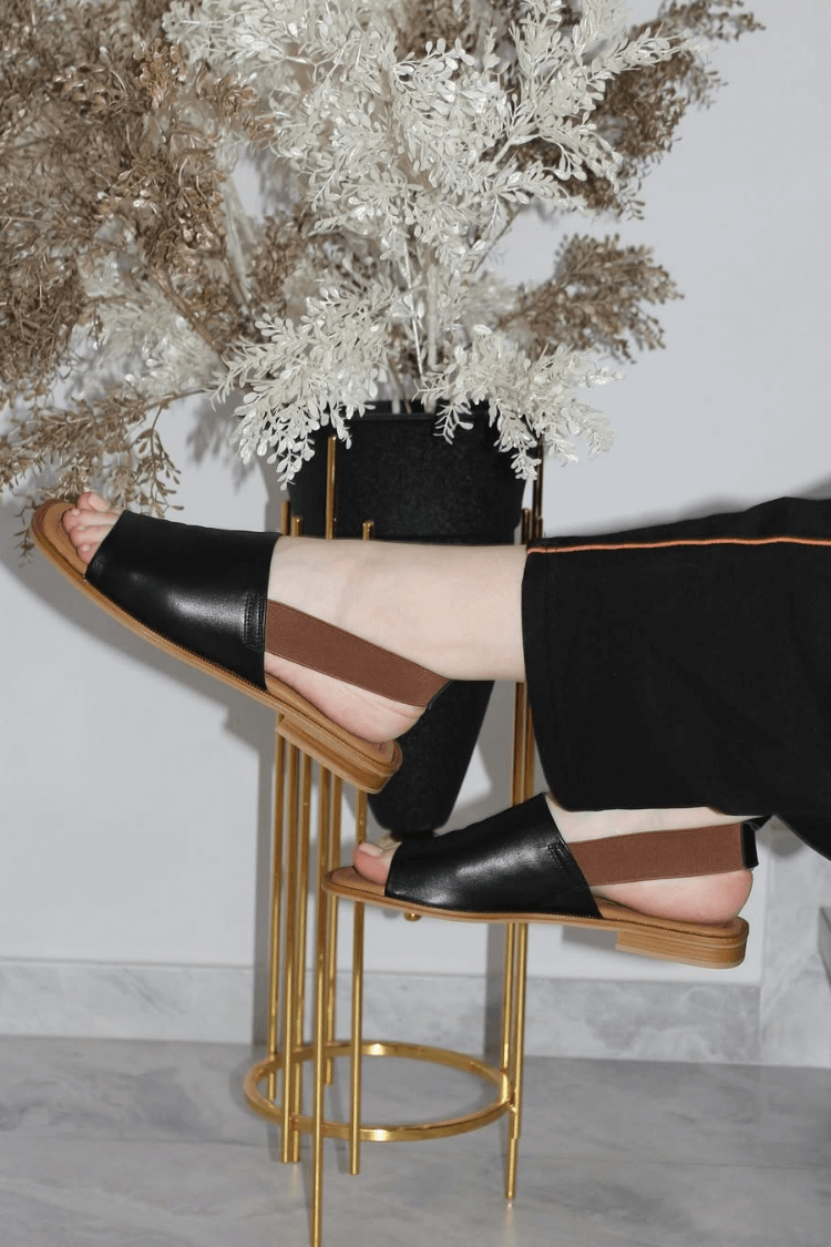 Elastic Slingback Faux Leather Open Toe Flats