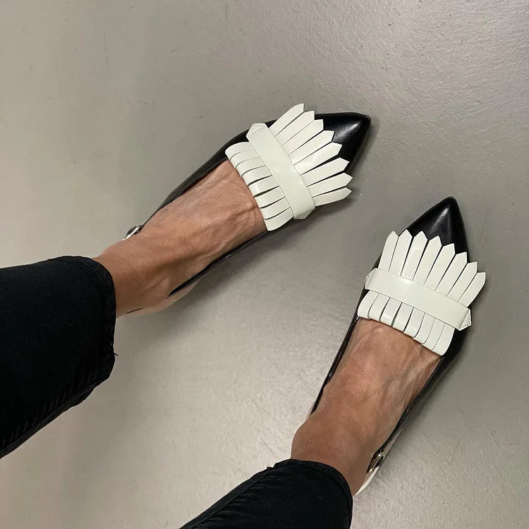 Fringed Trim Pointy Toe Strap Slingback Retro Flats