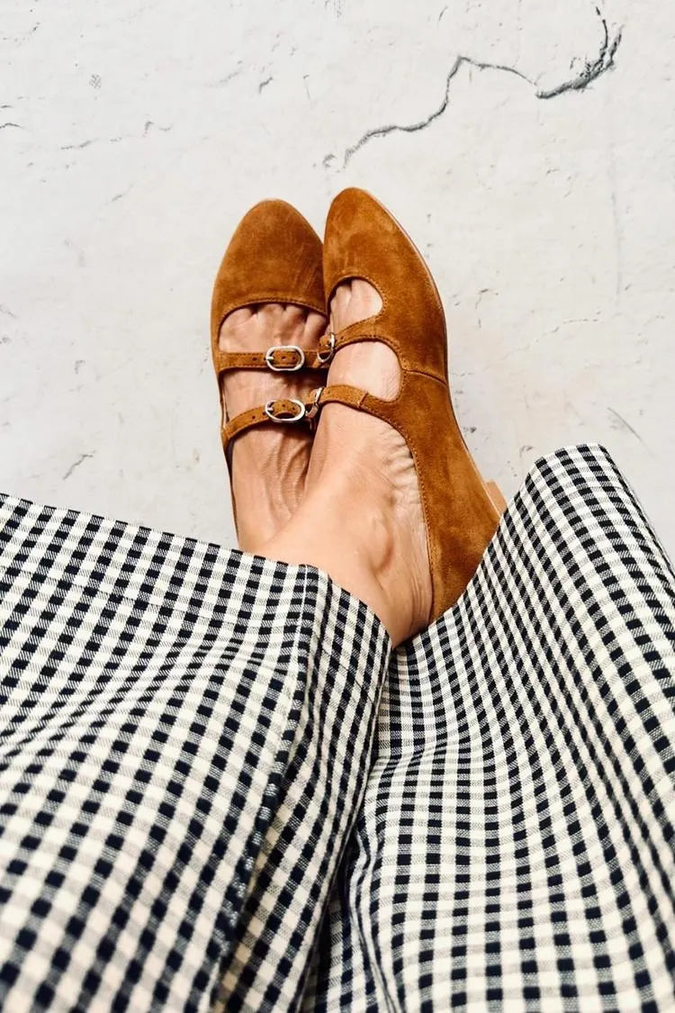 Two Strap Buckle Solid Color Pointed Toe Brown Flats