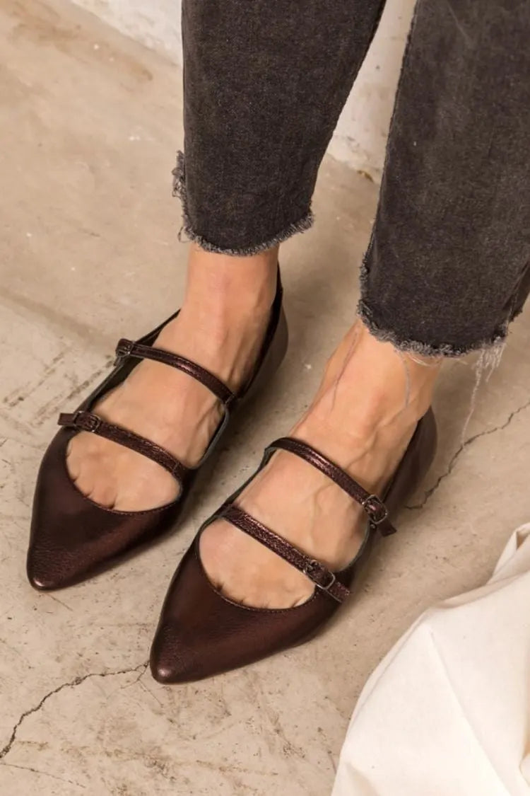 Vintage Brown Leather Pointed Toe Double Buckle Flats