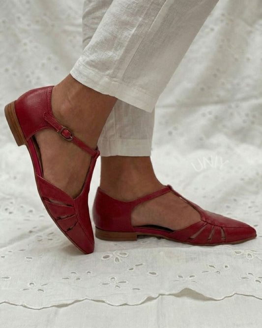 Red Pointed Toe T-Strap Cutout Mary Jane Flats