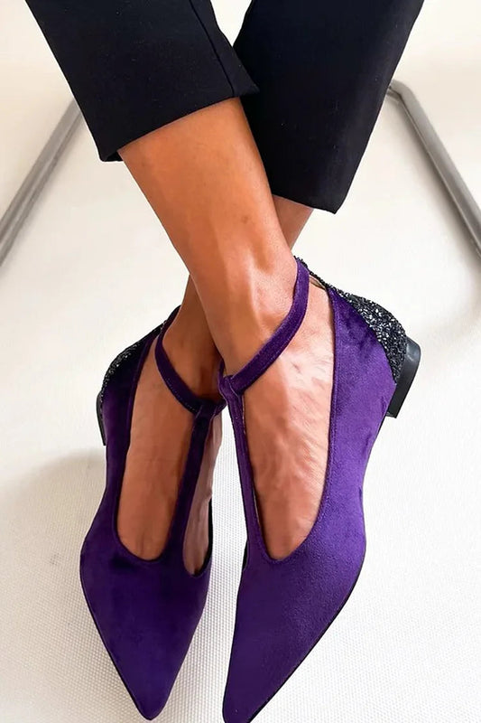 T-Strap Buckle Glitter Patchwork Pointed Toe Purple Flats