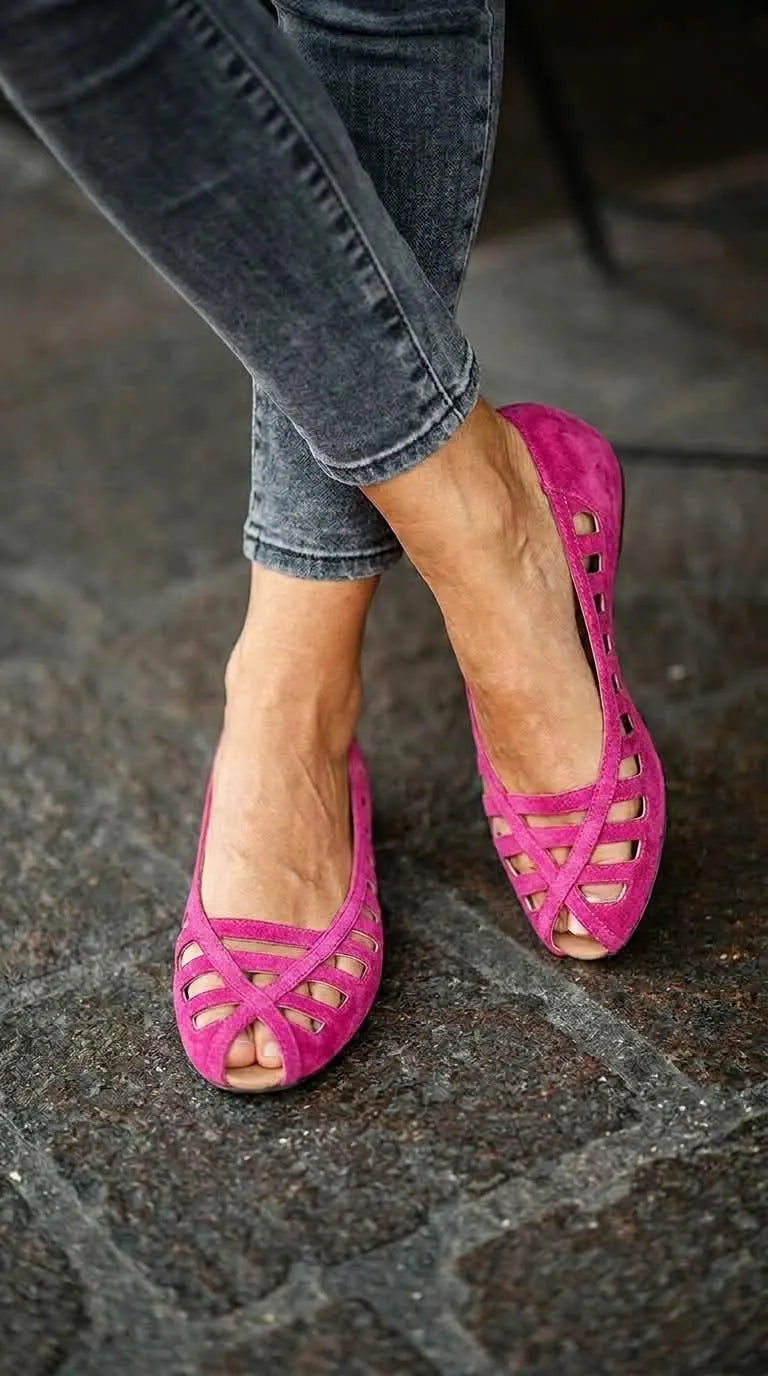 Strappy Suede Peep Toe Cutout Magenta Ballet Flats