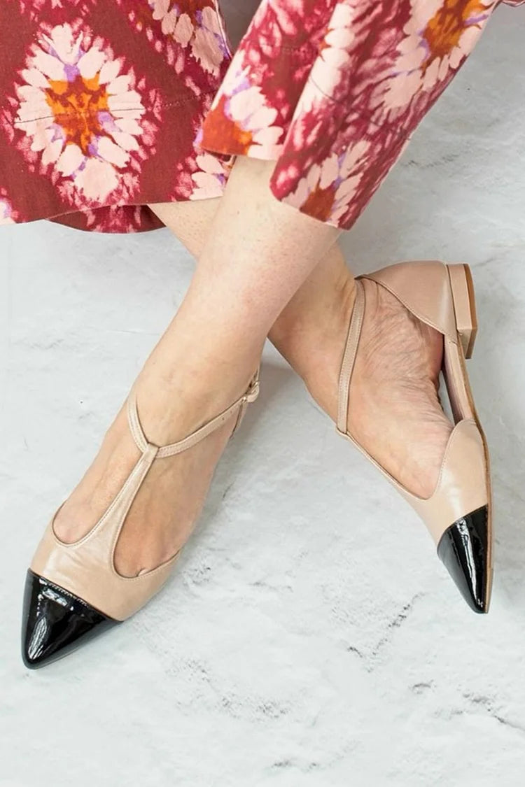 Attractive T-strap Buckle Pointed Toe Colorblock Beige Flats