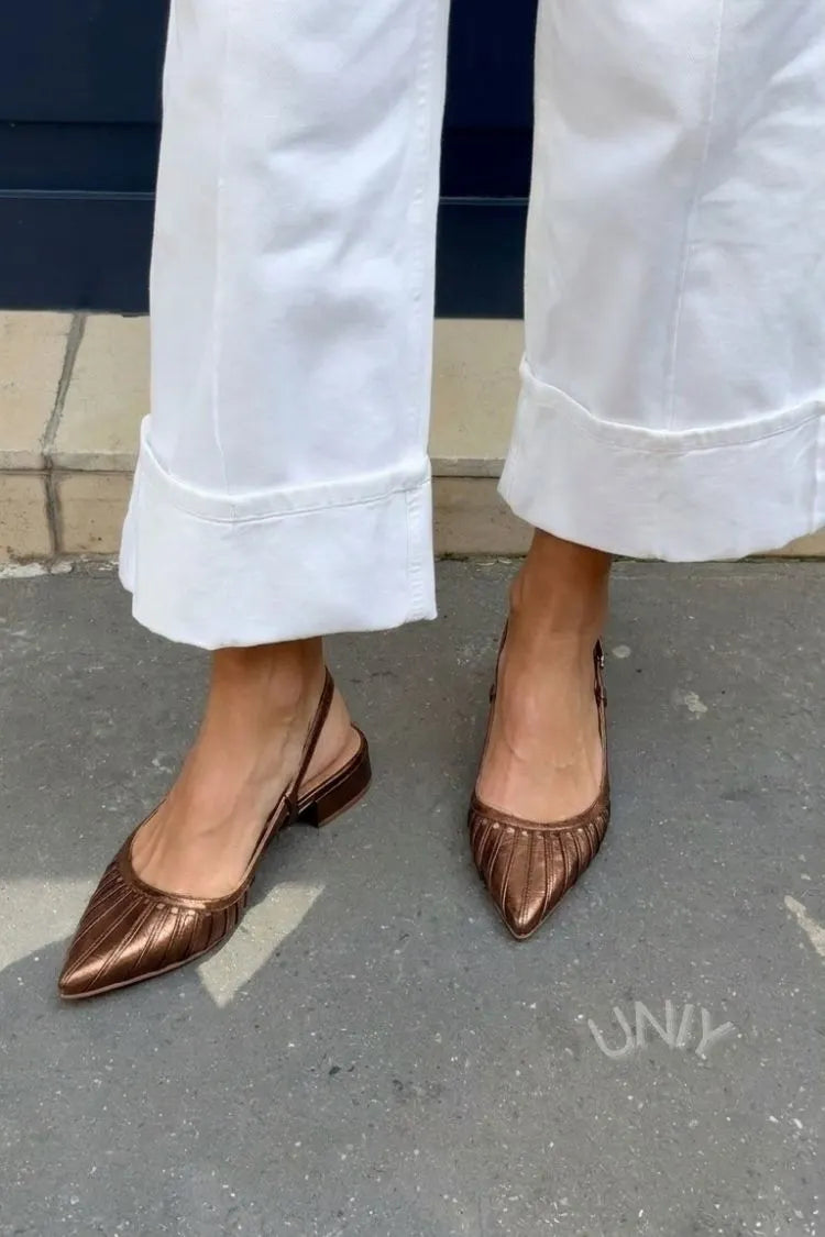 Metallic Bronze Pleated Texture Pointed Slingback Flats