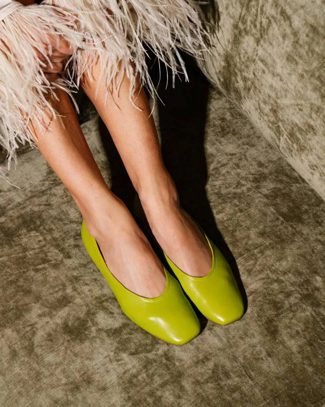 Neon Green Square Toe PU Leather Slip-On Ballet Flats
