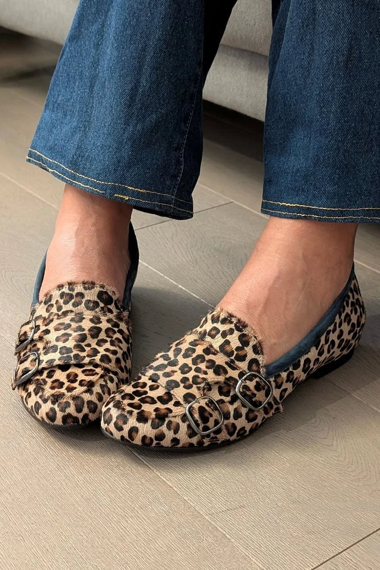 Leopard Print Strap Buckles Round Toe Khaki Flats