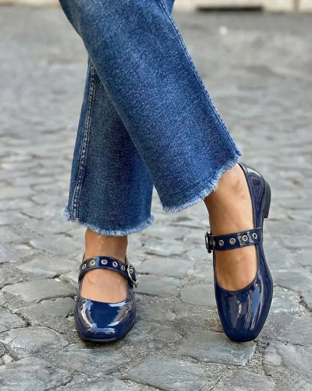 Navy Patent Round Toe Single Strap Mary Jane Flats