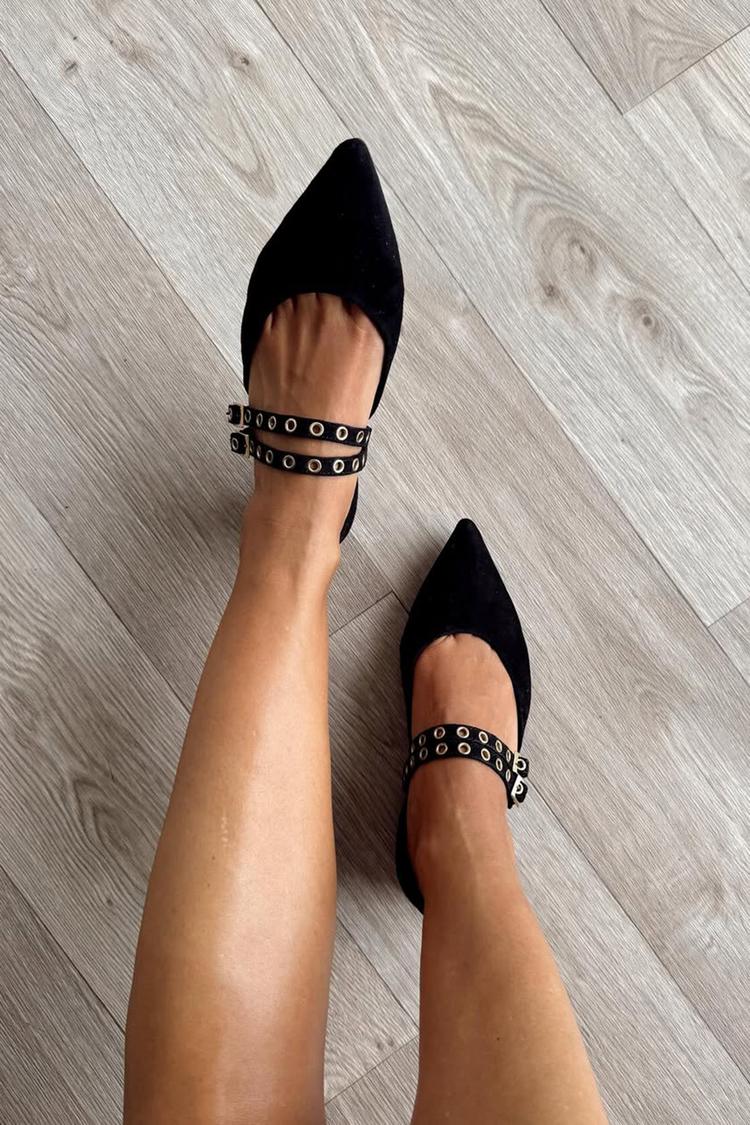Metal Eyelets Two Strap Buckle Pointed Toe Black Flats