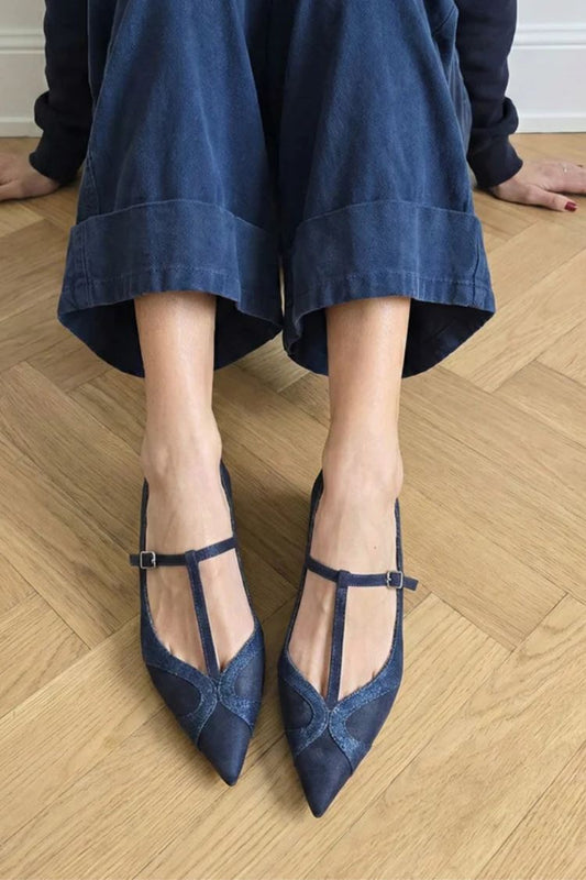 Retro Navy Blue Faux Suede Pointed Toe T-Strap Flats