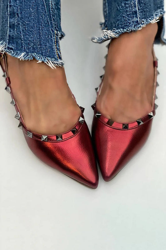 Studded Decor Pointy Toe Slingback Strap Red Flats