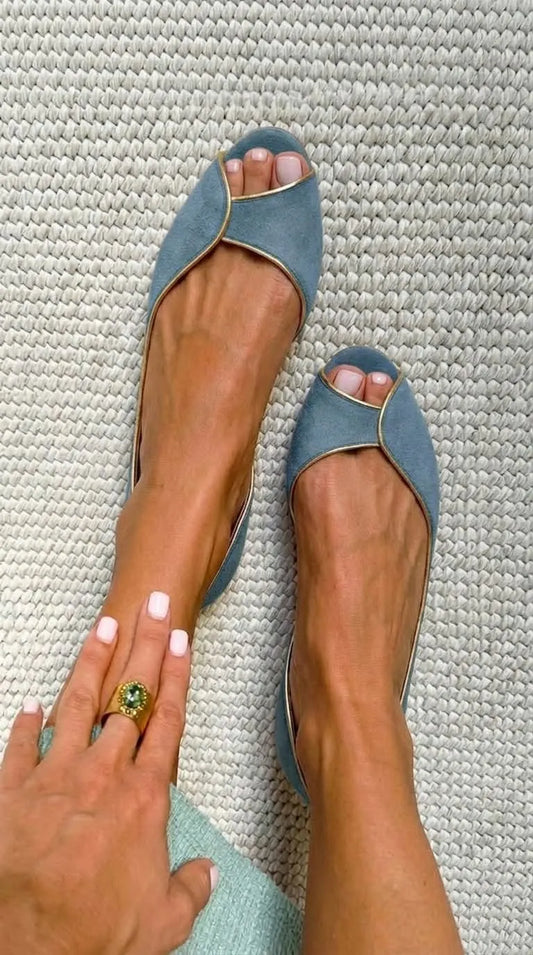 Suede Gold Trim Peep Toe D'Orsay Beige Flats