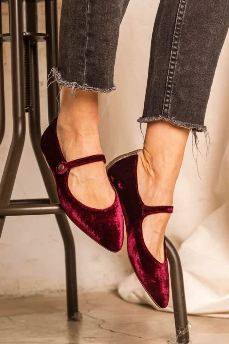 Patchwork Instep Strap Buckle Pointed Toe Burgundy Flats