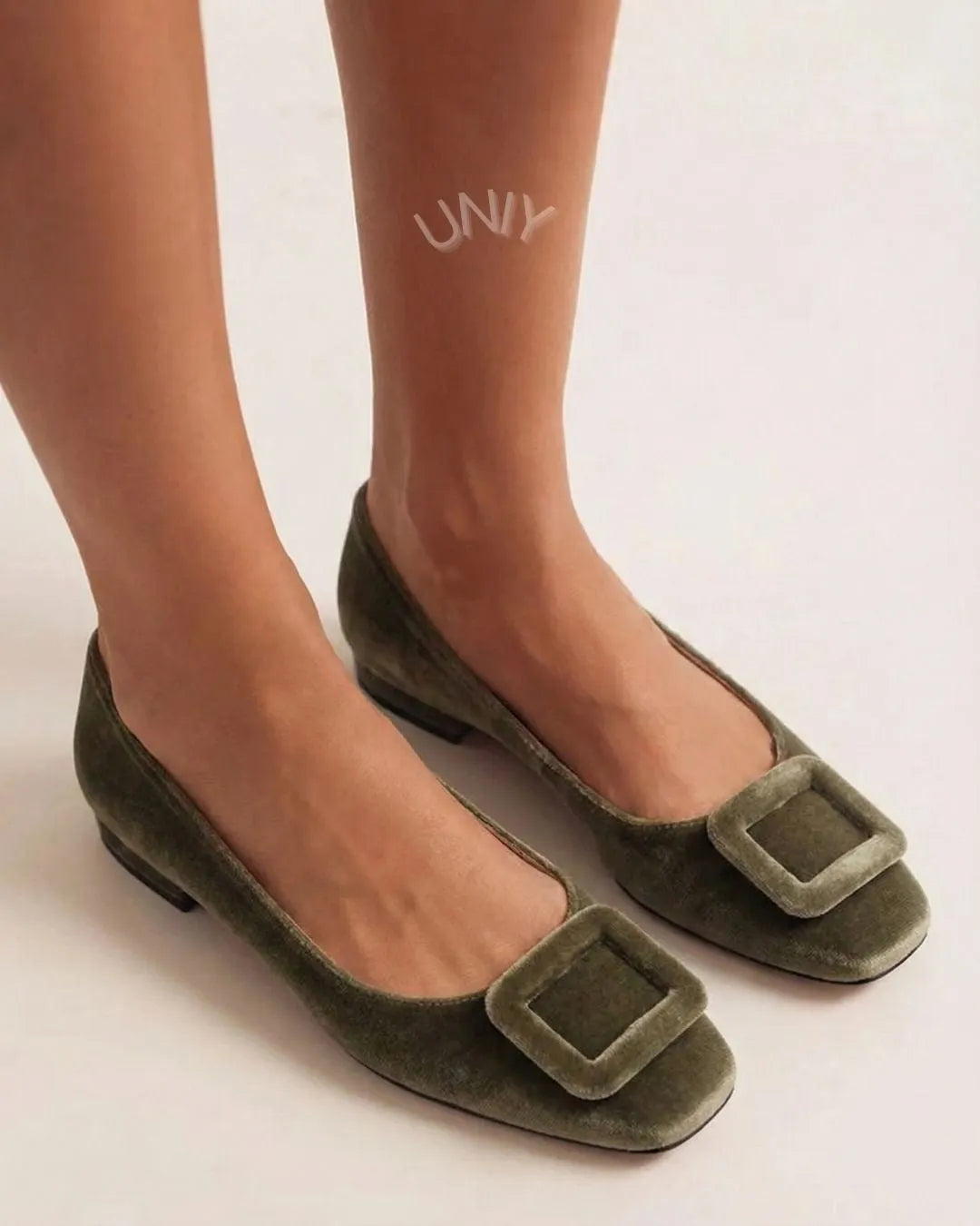 Velvet Square Buckle Soft Square Toe Flats