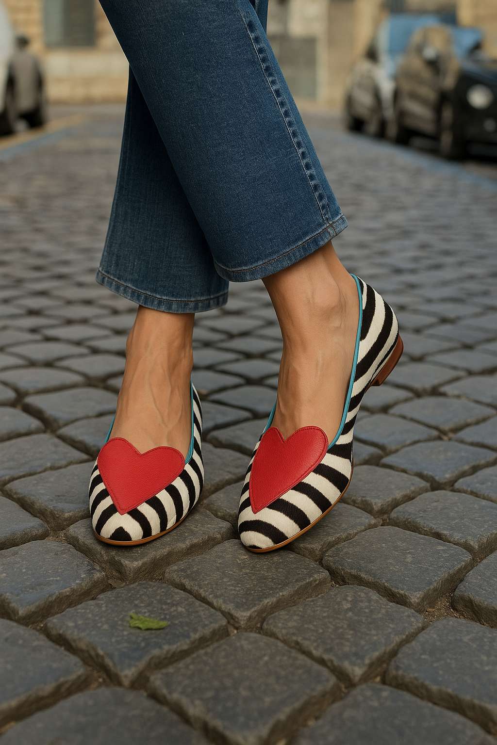 Stylish Zebra Print Red Heart Accent Pointed Toe Casual Flats