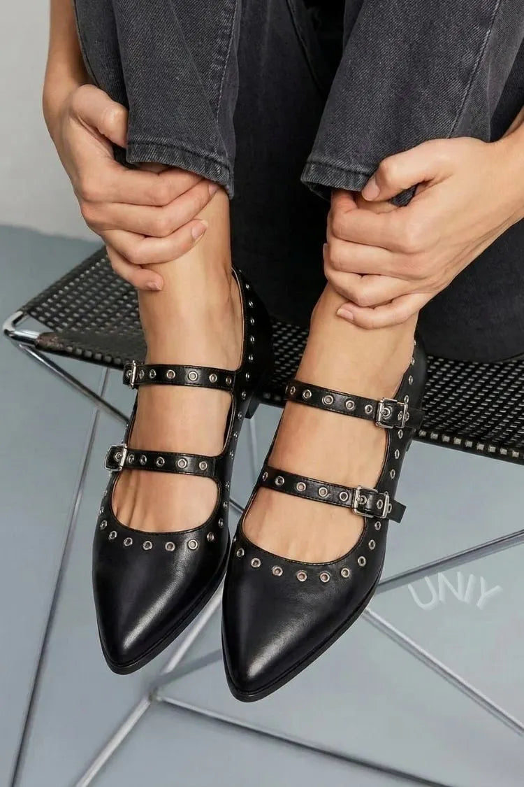 Retro Black Leather Stud Detail Buckle Strap Flats