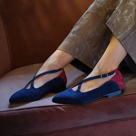 Colorblock Crossover Strap Buckle Pointed Toe Navy Flats