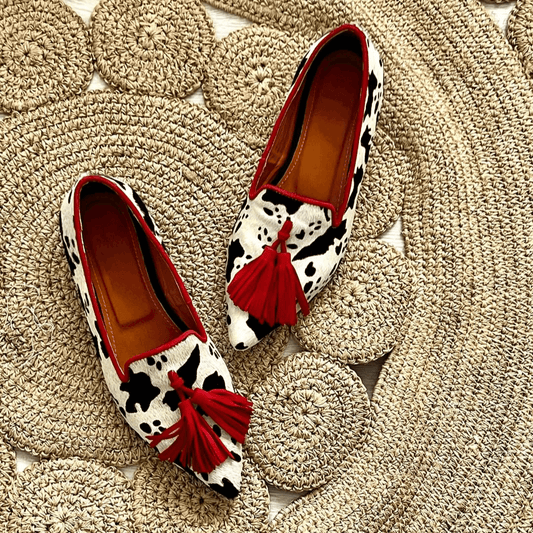 Bold Cow Print Red Tassels Flats