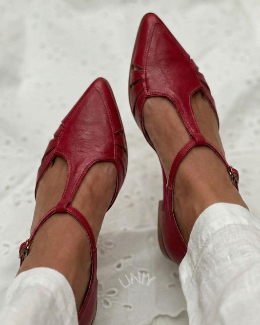 Chic Red PU Leather Pointed Toe T-Strap Cutout Flats