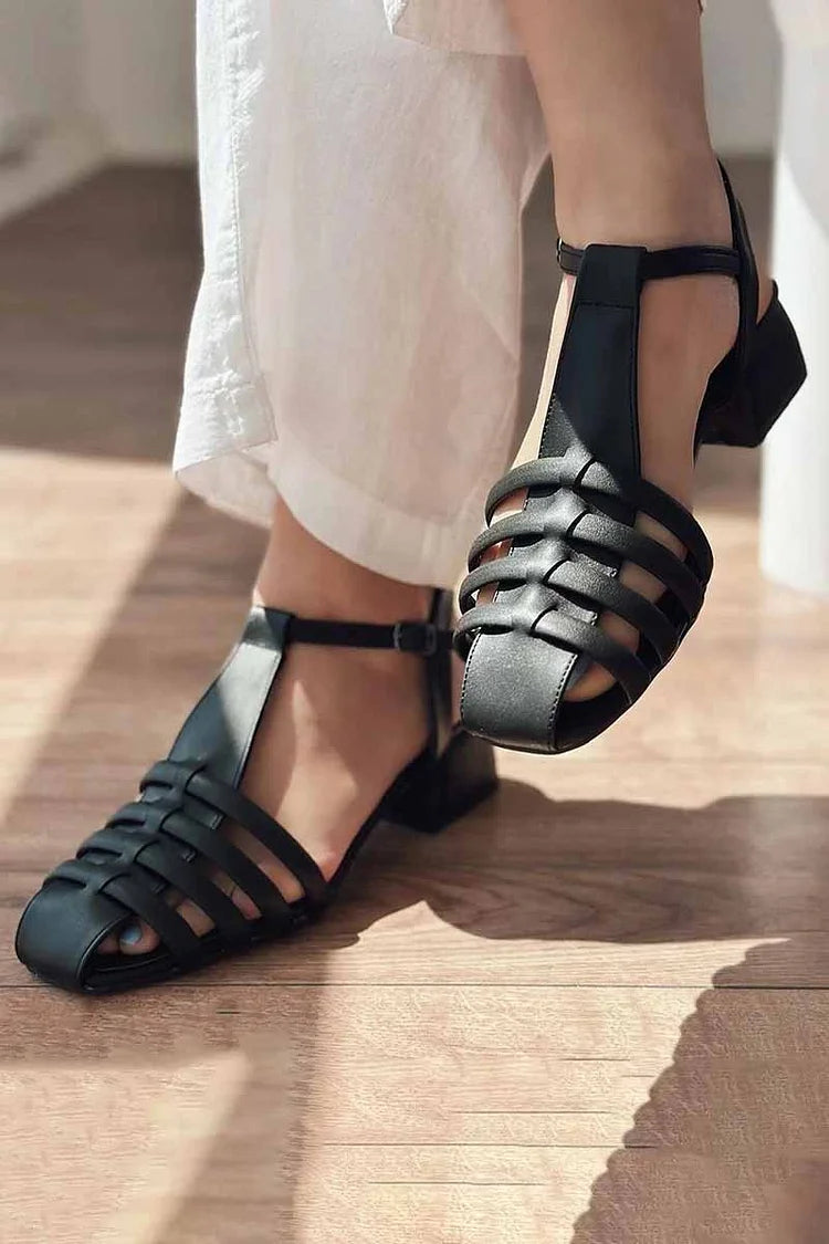 Polished Square Toe Solid Color Hollow Out Black Flats