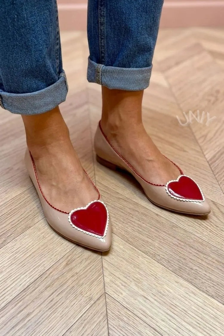 Stylish Beige Red Contrast Heart Detail Pointed Toe Flats