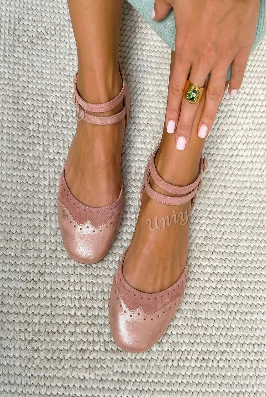 Perforated Scalloped Round Toe Double Strap Flats