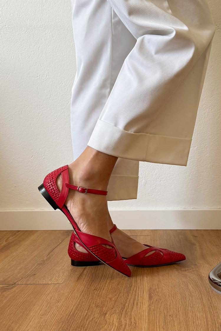 Hollow Out Ankle Strap Buckle Pointed Toe Red Flats