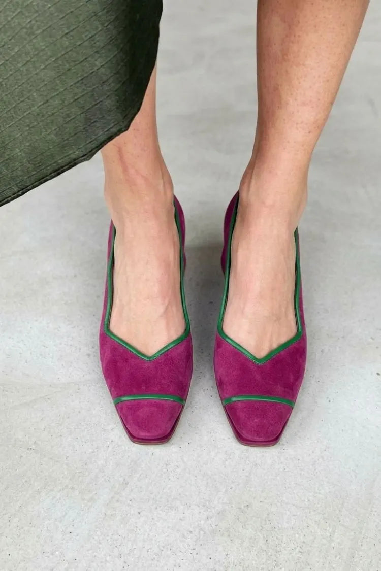 Magenta Suede Green Piping Square Toe V-Cut Flats