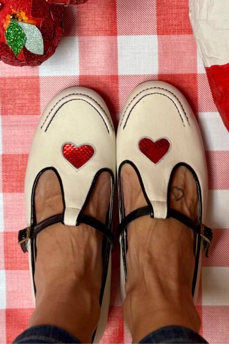 Cream Leather Heart Applique T-Strap Mary Jane Flats
