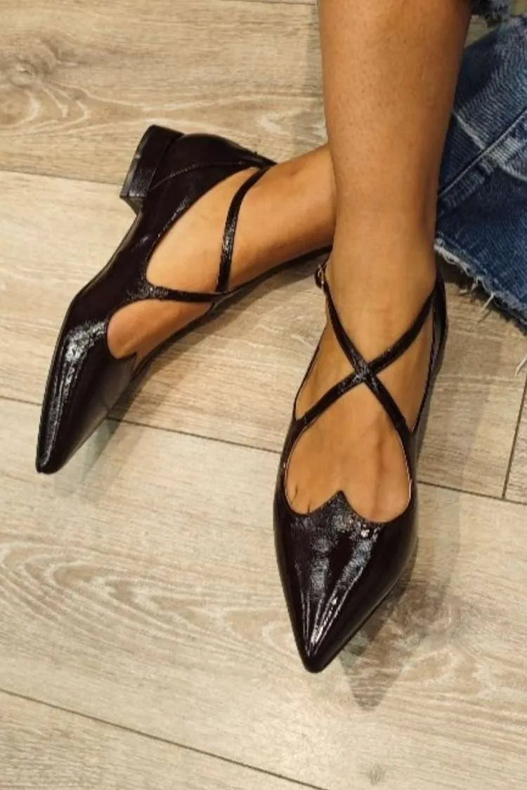Crisscross Strap Heart Cutout Pointed Toe Flats