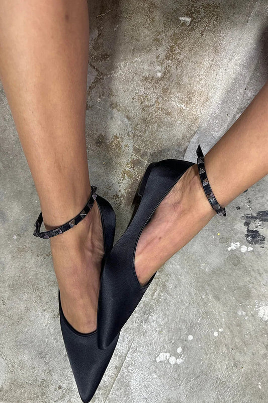 Metal Rivets Ankle Strap Buckle Pointe Toe Black Flats