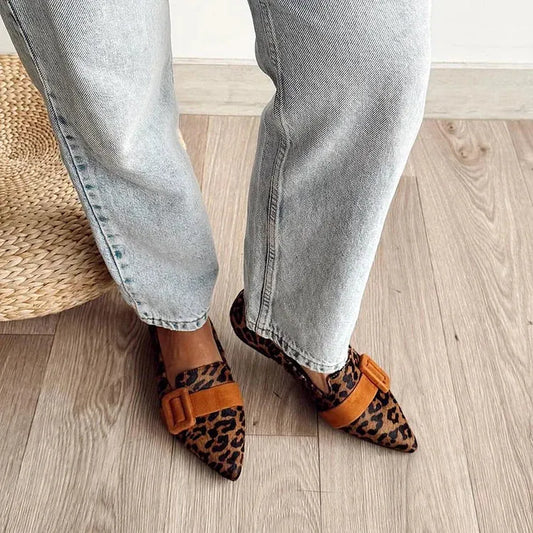 Leopard Print Strap Buckle Decor Pointed Toe Brown Flats