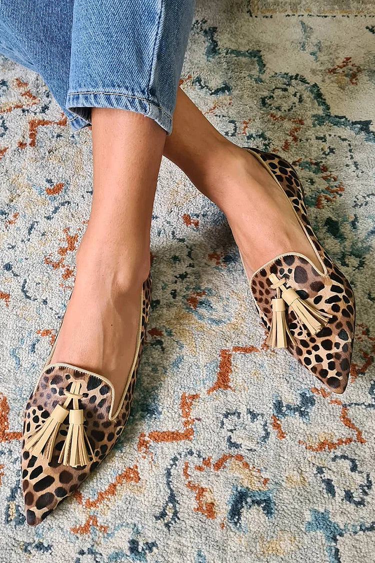 Leopard Toe Tassels Decor On Slip Pointy Print Casual Flats