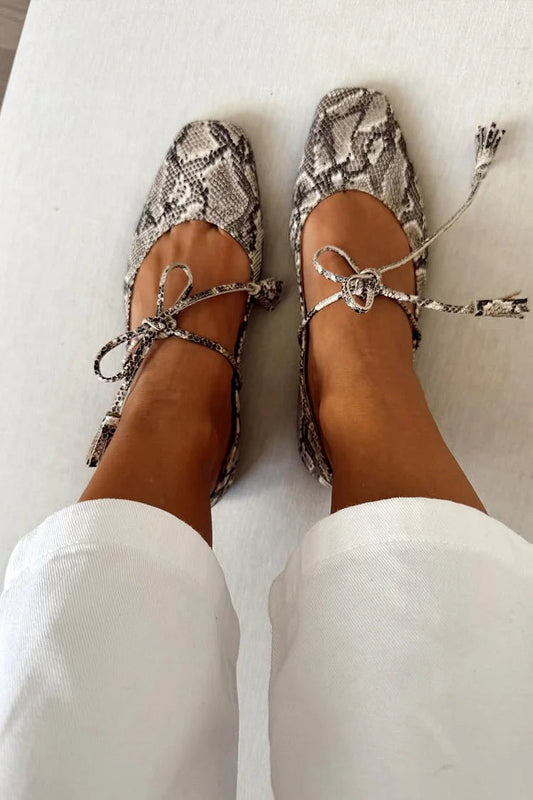 Snake Print Square Toe Tied Up Gray Flats