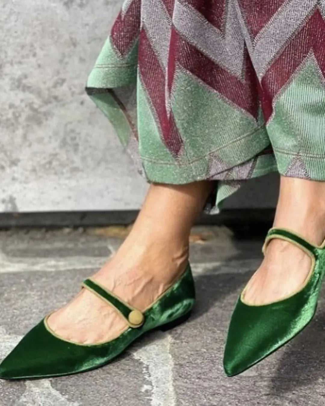 Dark Green Velvet Pointed Toe Single Strap Mary Jane Flats