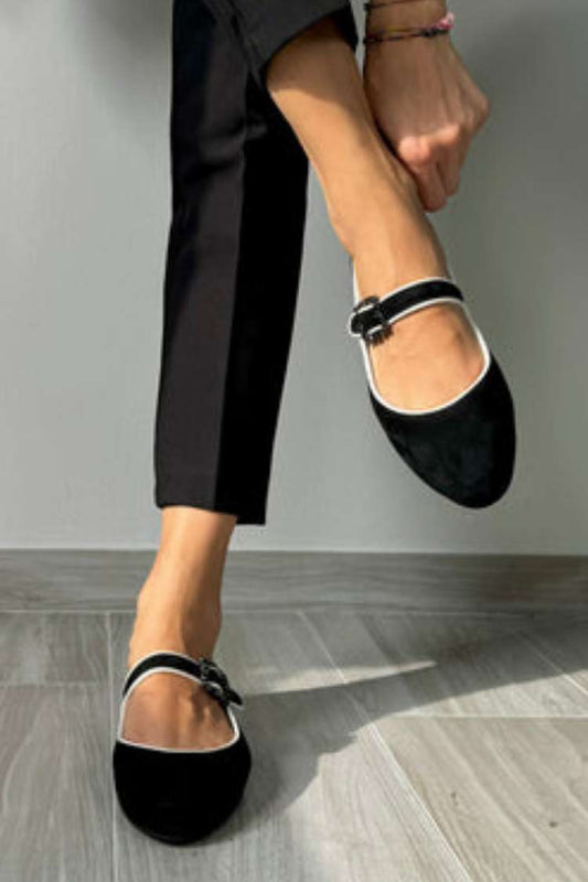 Suede Contrast Trim Buckle Mary Jane Flats